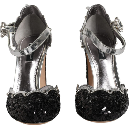 Dolce & Gabbana black silver sequin ankle strap sandals with leather sole and buckle closure, high quality Italian design.