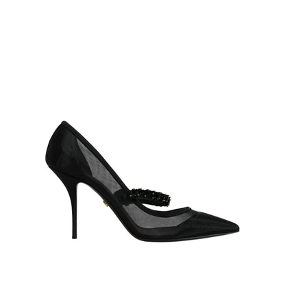 Dolce & Gabbana Black Mesh Mary Jane Crystal Heel Pump Shoes