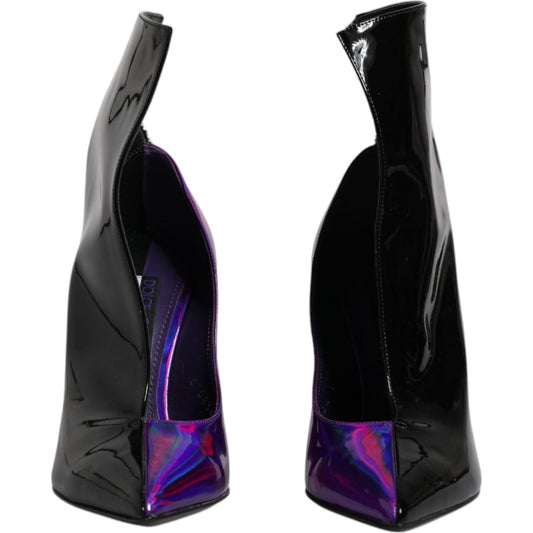 Dolce & Gabbana black and purple pointed ankle boots with zipper closure, leather material, and logo details.