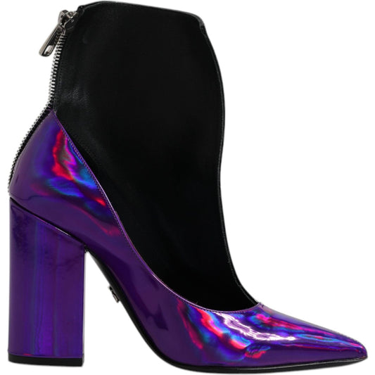Dolce & Gabbana purple black pointed ankle boots, leather, zipper closure, high heel, made in Italy