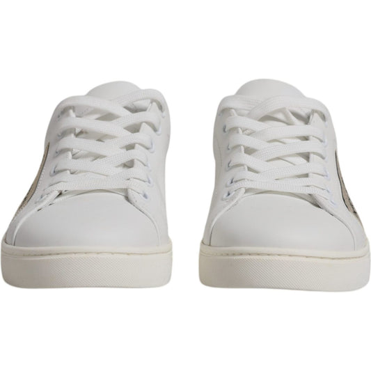 Dolce & Gabbana white calf leather London sneakers with maroon accents, lace-up closure, rubber sole. High quality, made in Italy.