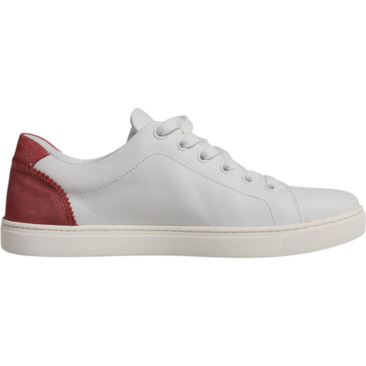 Dolce & Gabbana white London calf leather sneakers with maroon accent, lace-up closure, rubber sole, made in Italy.