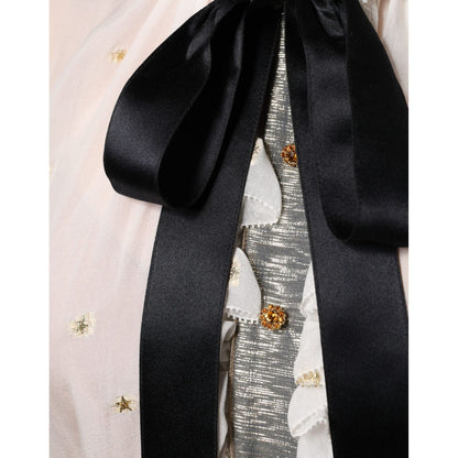 Dolce & Gabbana Off White Silk Blend Ascot Collar Blouse Top