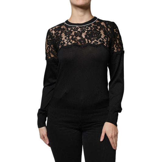 Dolce & Gabbana black floral lace silk pullover blouse with long sleeves, featuring intricate details and high craftsmanship.
