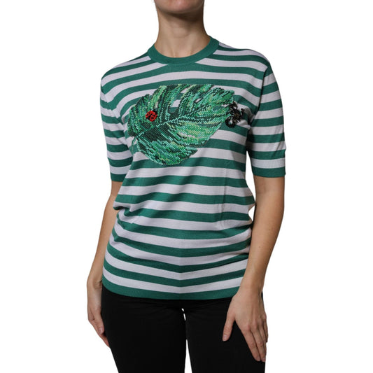Dolce & Gabbana white and green striped t-shirt with leaf embroidery, crew neck design, crafted from cashmere and silk.