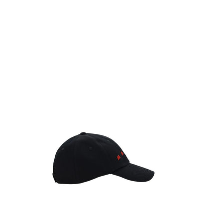Marni Black Cotton Cap (Baseball Hat) featuring iconic brand monogram, adjustable back closure, 100% cotton, for season AW25.