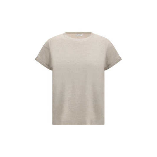 Brunello Cucinelli cashmere T-shirt with glitter, ribbed crew neck, monochrome design, luxurious and elegant fashion piece.