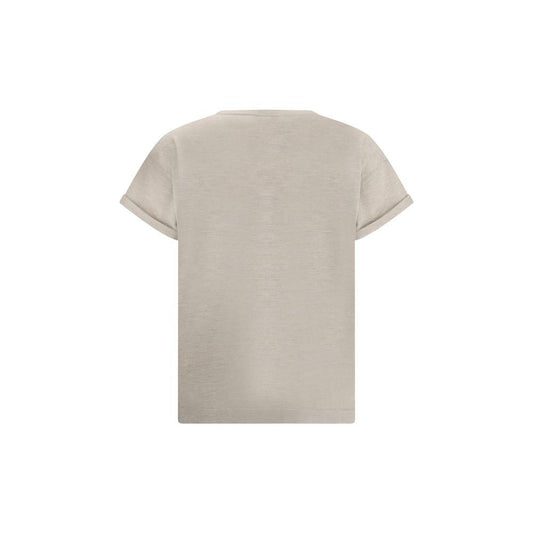 Back view of Brunello Cucinelli cashmere T-shirt with glitter effect and ribbed crew neck, highlighting luxury design and monochrome style.