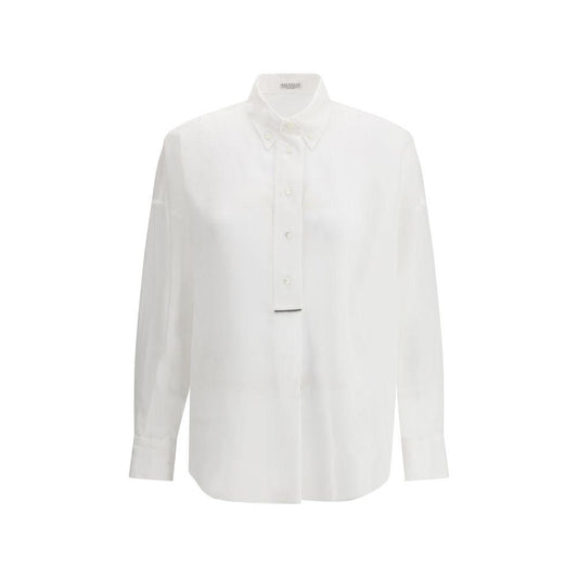 Brunello Cucinelli semi-transparent shirt with jewel detail, classic collar, and adjustable cuffs offering a sophisticated, modern look.