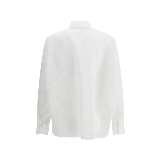 Brunello Cucinelli semi-sheer shirt with classic collar and jewel detail, showcasing elegance and versatility from the back view.