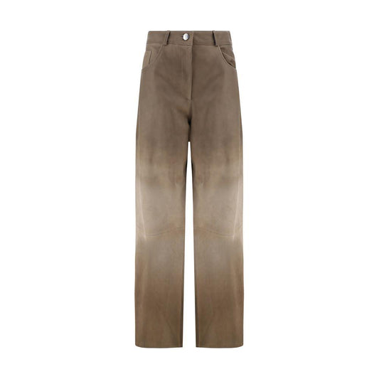 Arma Lambskin Catania Pants with wide-leg design, front button zip closure, and belt loops in brown leather.
