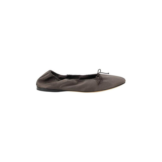 The Row Hereditas Ballerinas in satin with round toe, applique bow, elasticized heel, flat sole, branded insole - side view