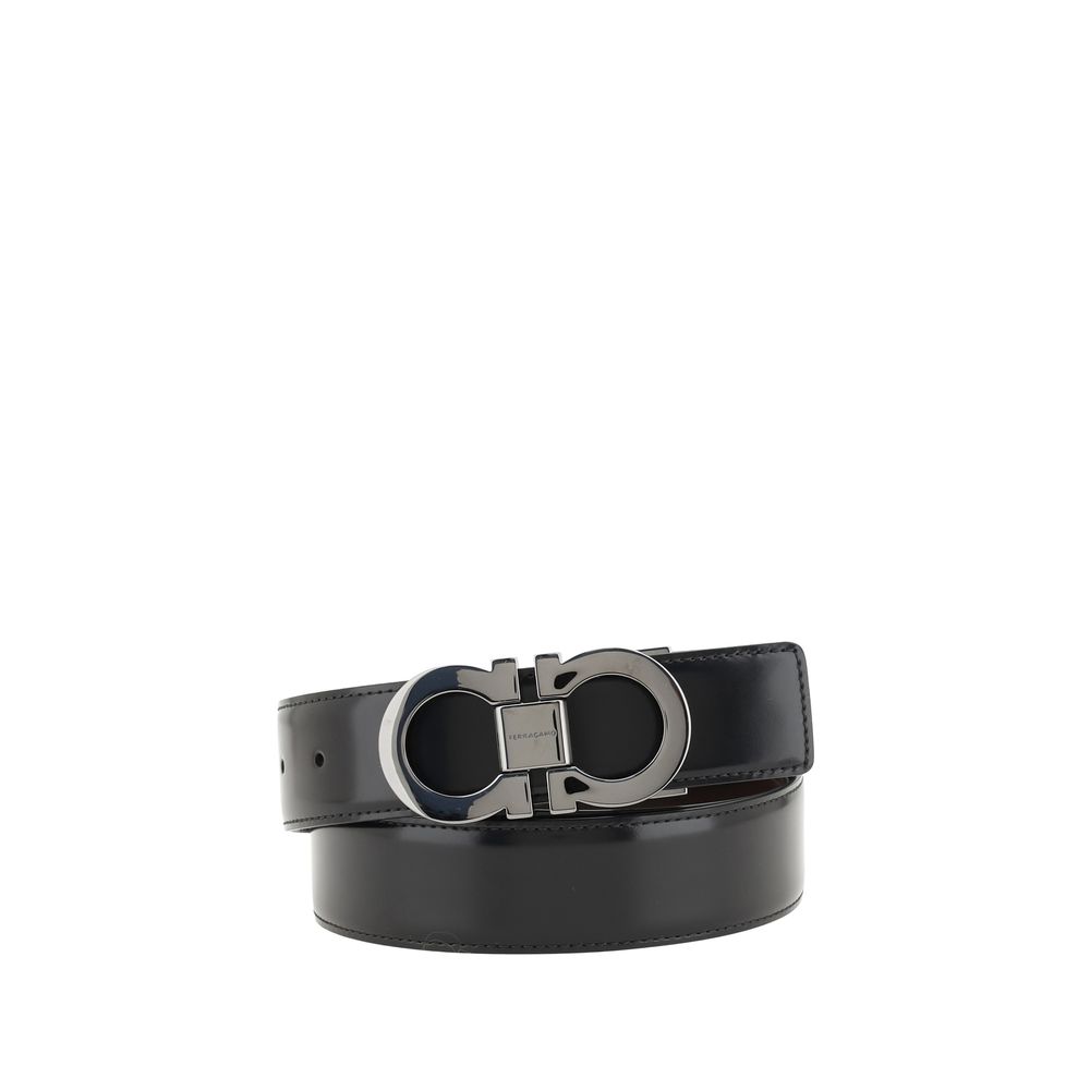 Ferragamo Black Calf Leather Bos Taurus Regular Belt with Gancini buckle, reversible design, 3 cm thick, AW25 collection.