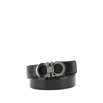 Ferragamo Black Calf Leather Bos Taurus Regular Belt with Gancini buckle, reversible design, 3 cm thick, AW25 collection.