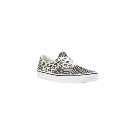 Vans women's beige fabric sneakers with leopard and zebra print, featuring a stylish design and durable rubber sole for all-day comfort.