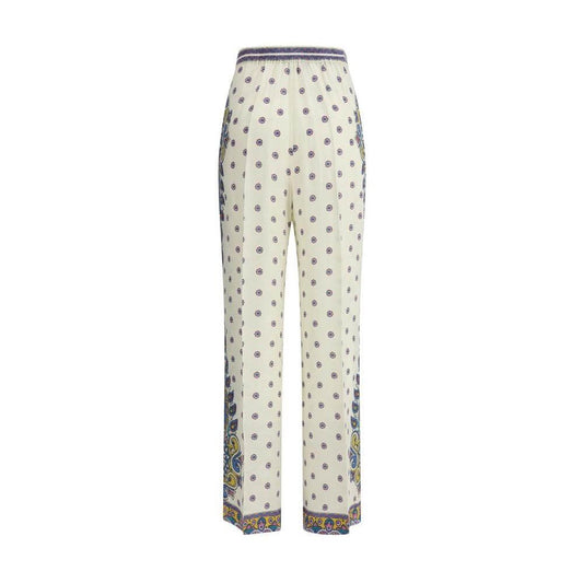 Etro Silk Paisley Print Pants with high-waisted cut, straight leg, and elegant flow, featuring side zipper and bold paisley design.
