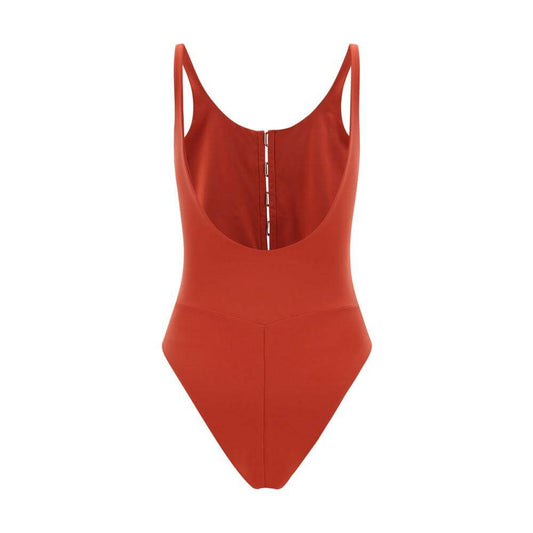Exilia Nissi Swimsuit in orange, featuring a wide back neckline and front cut-out with hooks, one-piece design ideal for beachwear.