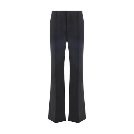 Chloé virgin wool pants with front hook-and-eye closure, asymmetrical hems, and monochrome pattern, featuring side and back pockets.