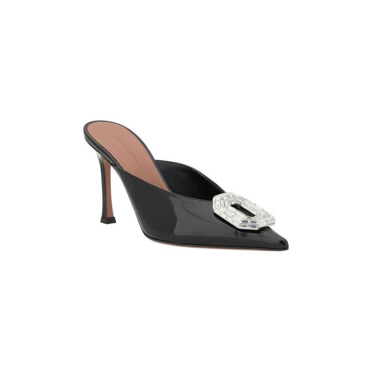 Amina Muaddi Camelia Pumps with rhinestone applique and stiletto heels, featuring luxurious varnished leather and elegant design.