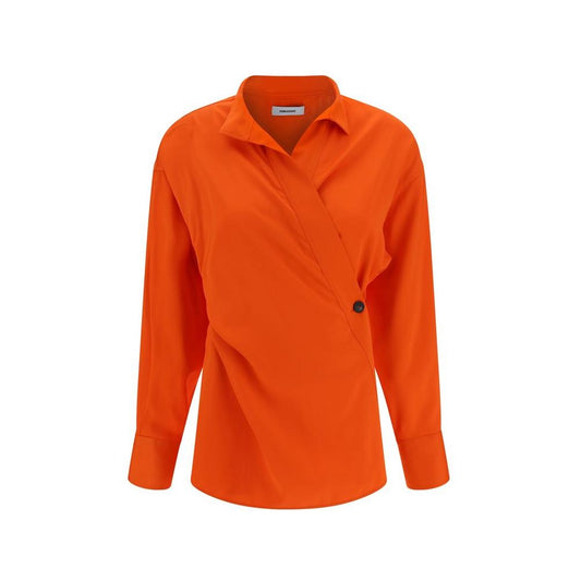 Alt Tag: Ferragamo orange shirt with classic collar, adjustable cuffs, kimono closure, single button side panel, and oversize fit