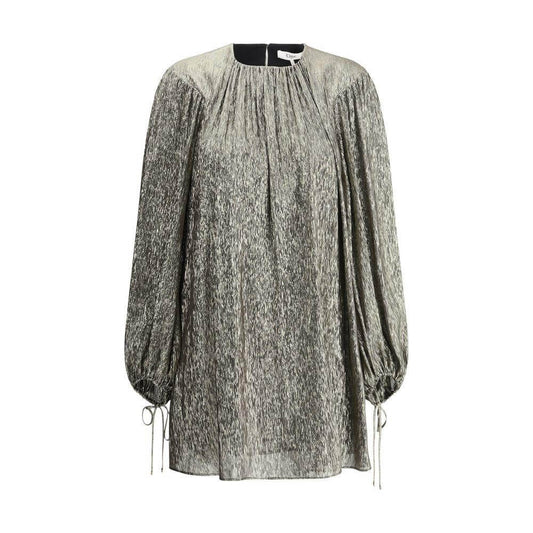 Chloé Silk lamé mini Dress with puff sleeves, crew neck, and back button closure, reflecting elegance and luminosity.
