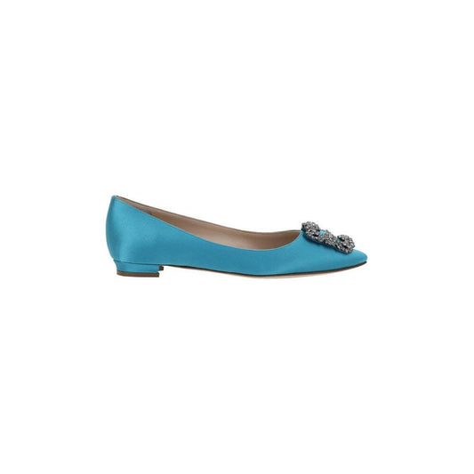 Manolo Blahnik Hangisi Ballerinas in silk satin with Swarovski jewel detail, almond toe, slight leather block heel, velvet effect finish.