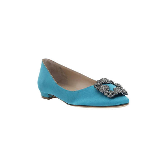 Blue Manolo Blahnik Hangisi Ballerinas with Swarovski jewel detail on almond toe, silk satin finish, slight block heel.