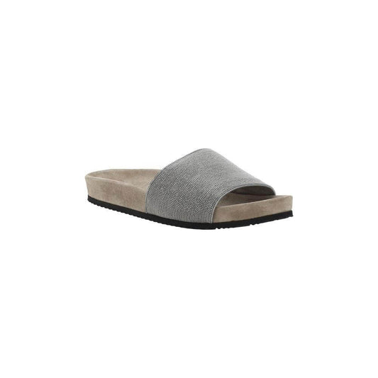 Brunello Cucinelli flat sandals with jeweled wide band and suede sole, featuring a round toe and press-stamped logo insole.
