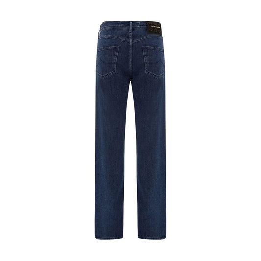 Back view of Jacob Cohen high-waisted jeans with five pockets and brand monogram patch, featuring a sleek silhouette in dark blue cotton.