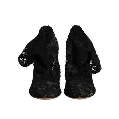 Dolce & Gabbana Black Lace Stretch Heels Mid Calf Boots Shoes