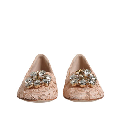 Dolce & Gabbana Beige Lace Crystal Ballet Flats Loafers Shoes