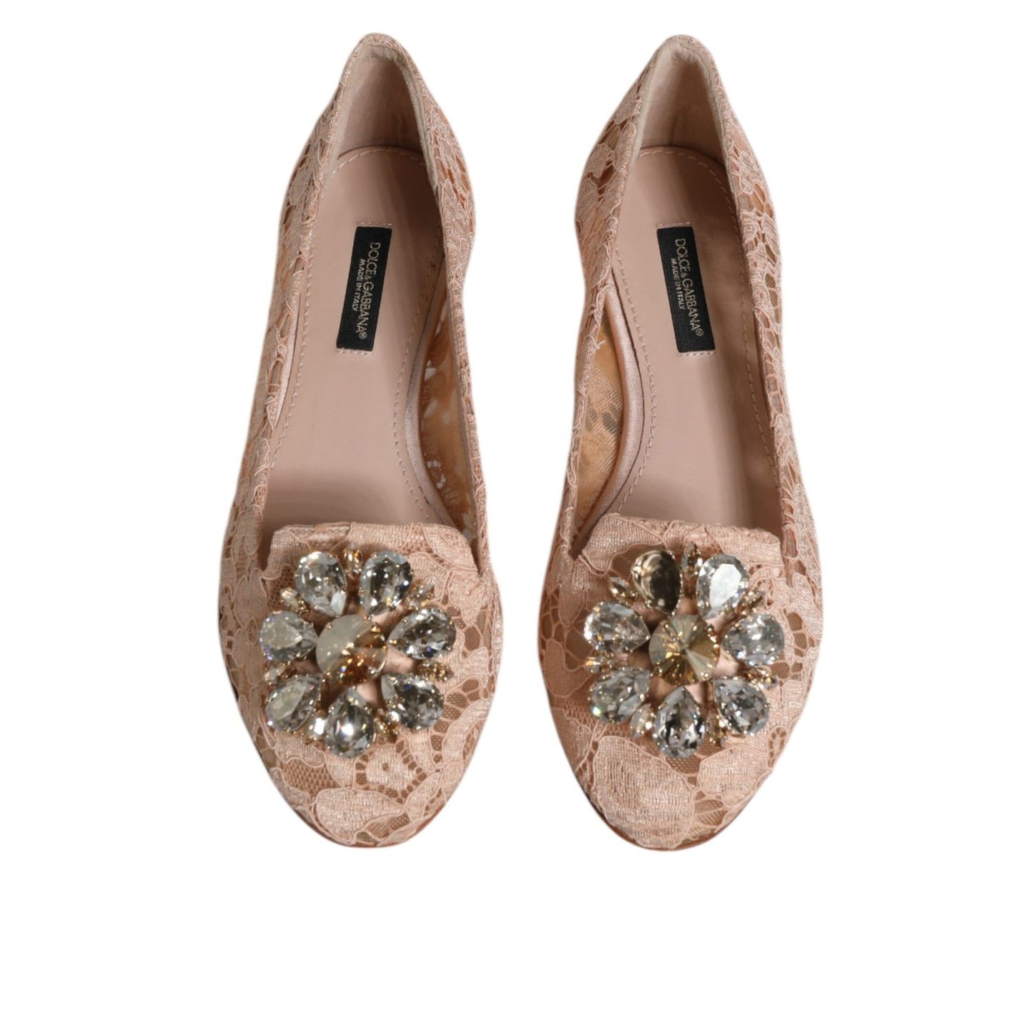 Dolce & Gabbana Beige Lace Crystal Ballet Flats Loafers Shoes