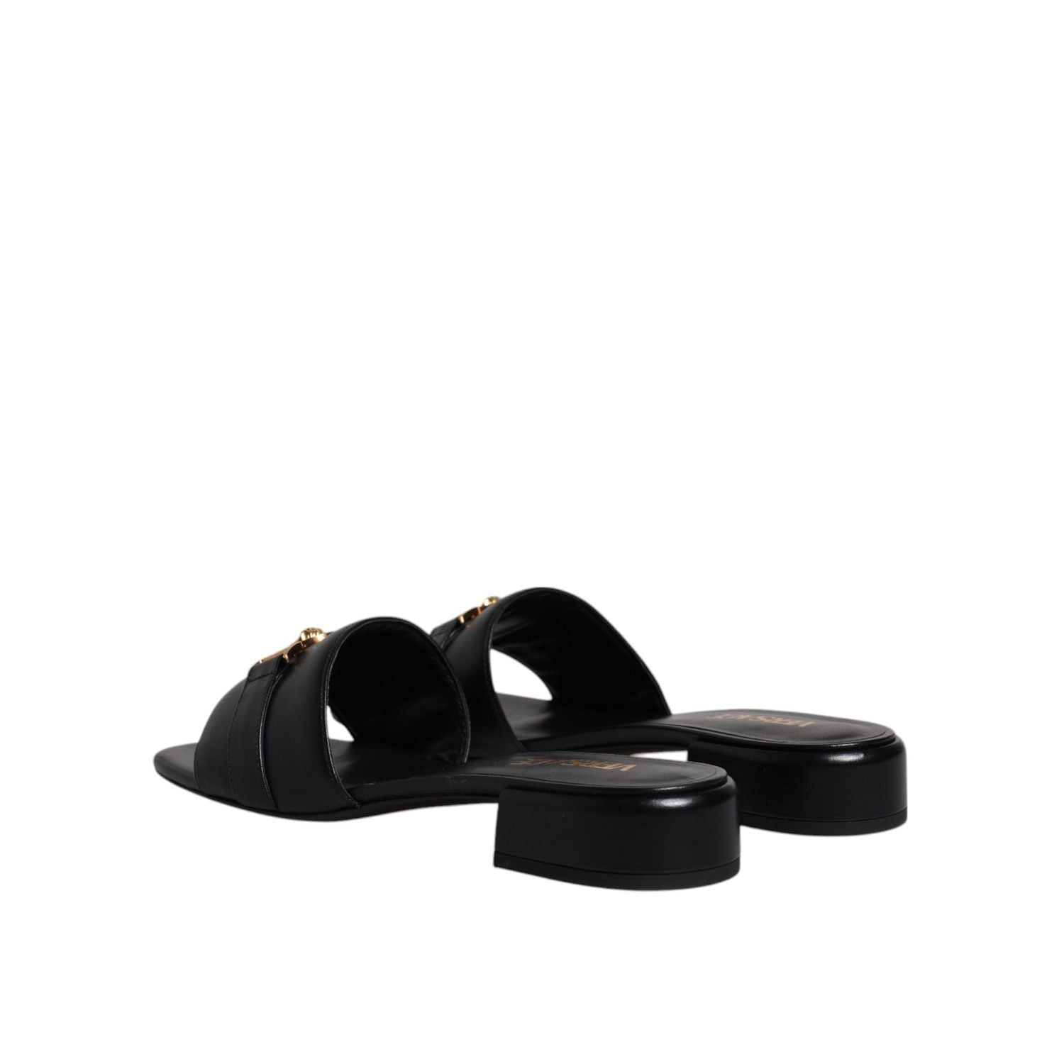 Versace Black Leather Logo Plaque Slip On Slides Flats Shoes