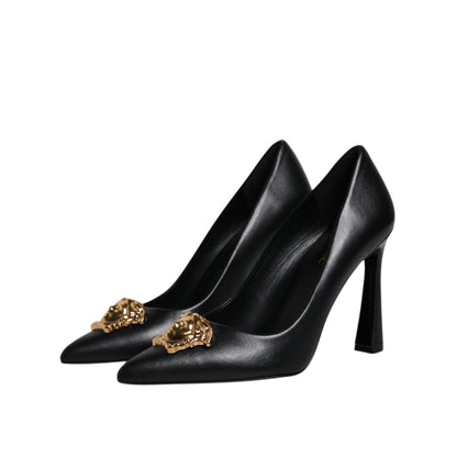 Versace Black Leather Logo Plaque High Heels Pumps Shoes