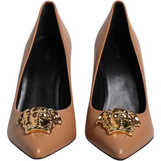 Versace Brown Leather Logo Plaque High Heels Pumps Shoes LA12126-37