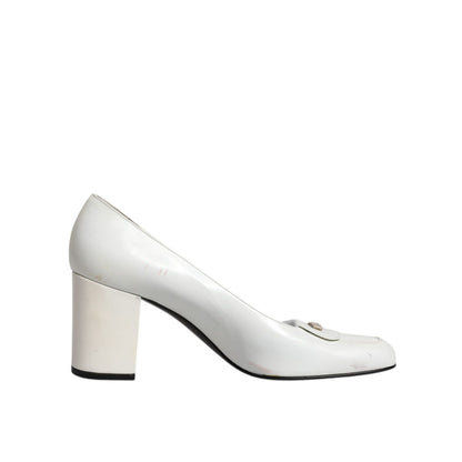 Dolce & Gabbana White Leather Block Heels Pumps Shoes