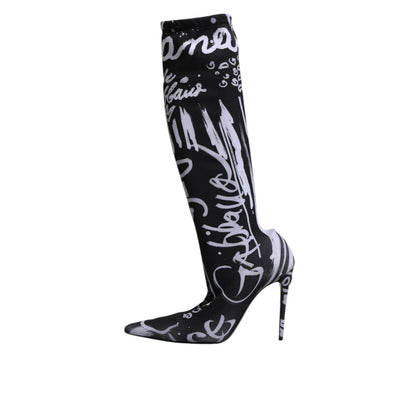 Dolce & Gabbana Black Logo Stretch Heels High Boots Shoes