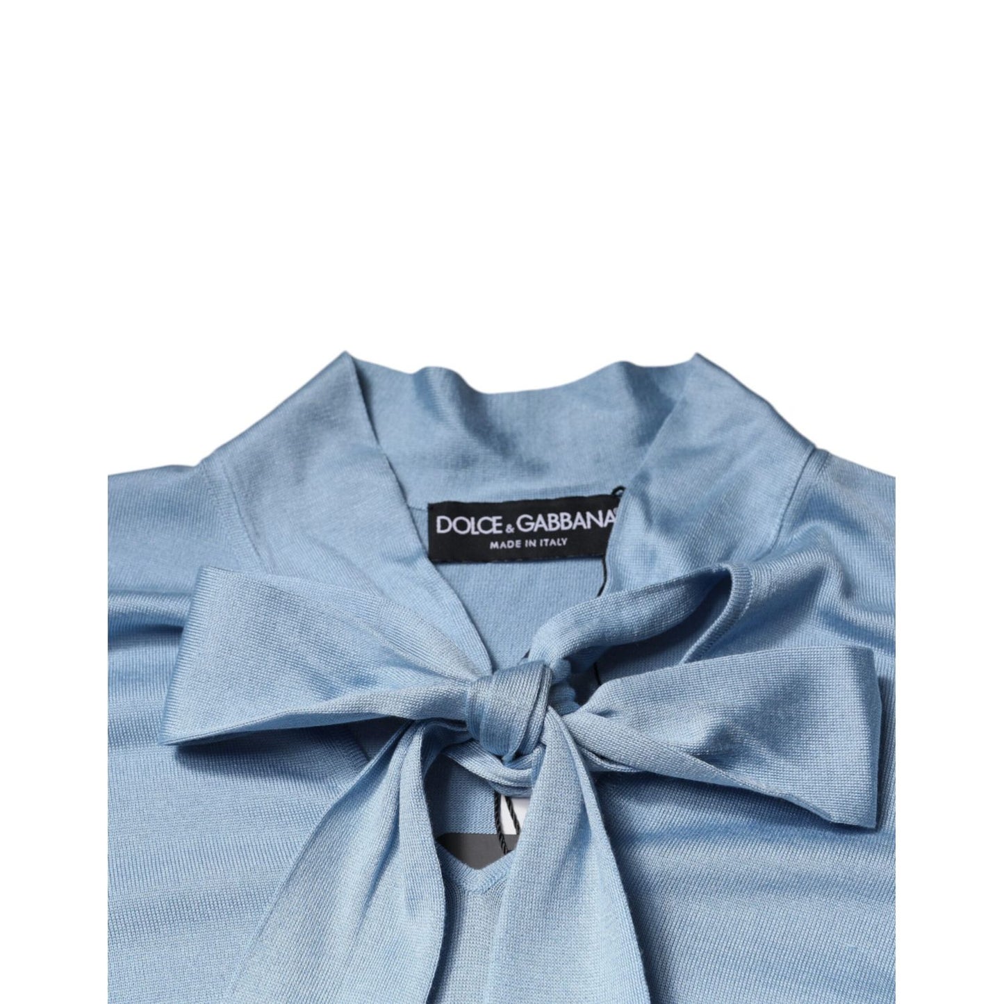 Dolce & Gabbana Blue Silk Knit Pullover Ascot Collar Top