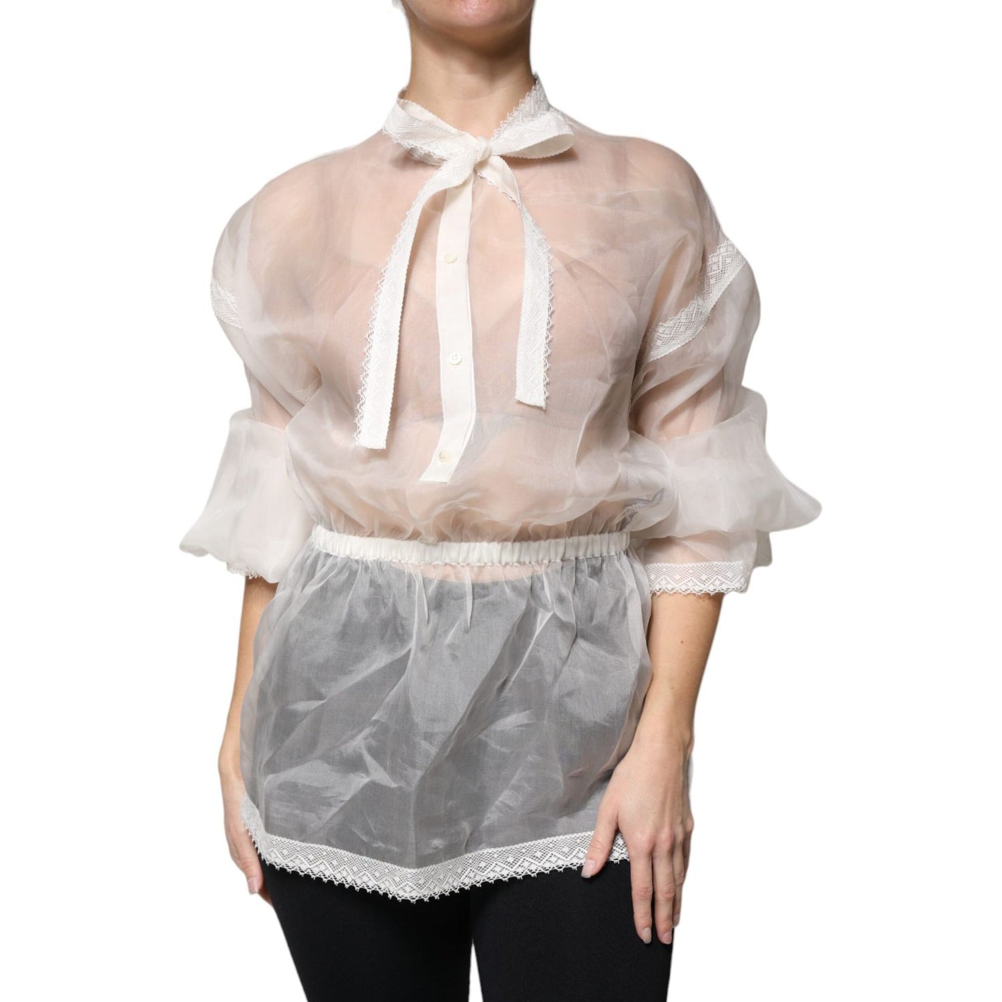 Dolce & Gabbana White Ascot Collar Long Sleeves Blouse Top