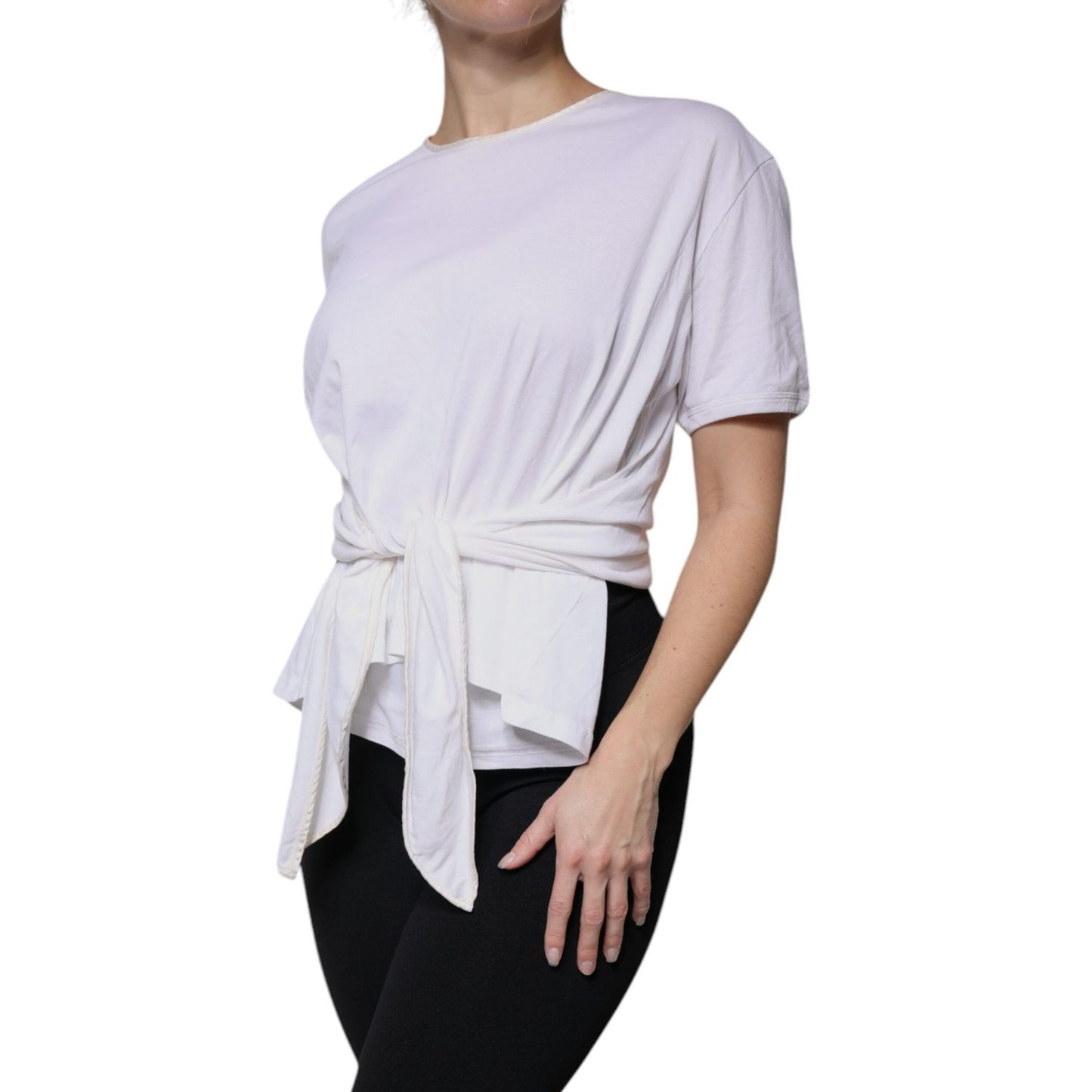 Dolce & Gabbana White Cotton Silk Round Neck Wrap Blouse Top