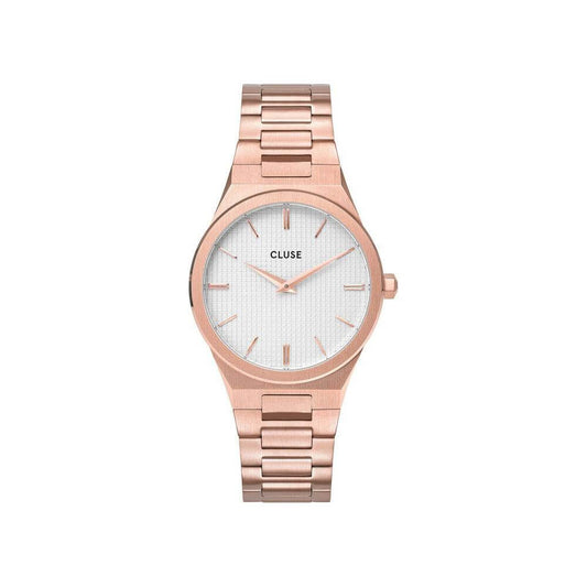Cluse multicolor pink stainless steel watch, analog quartz, white dial, mineral glass, pressure closure, 33mm diameter, 3 ATM water-resistant.