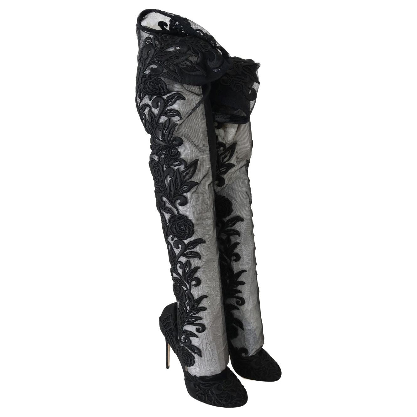 Dolce & Gabbana Black Floral Embroidered Socks Boots