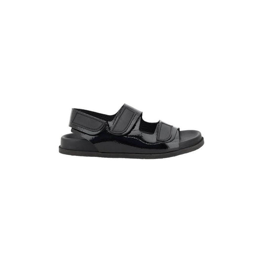 Pedro García Dinka Sandals in black leather with Velcro closure, round toe, and flat sole for comfort and style.