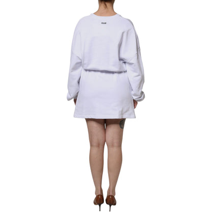 MSGM White Cotton Belted Long Sleeves Crew Neck Mini Dress