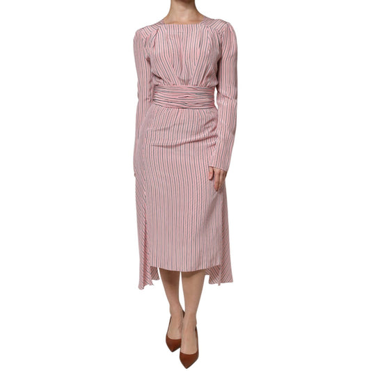 Ermanno Scervino Pink Stripes Silk Long Sleeves Midi Dress DR281400-42