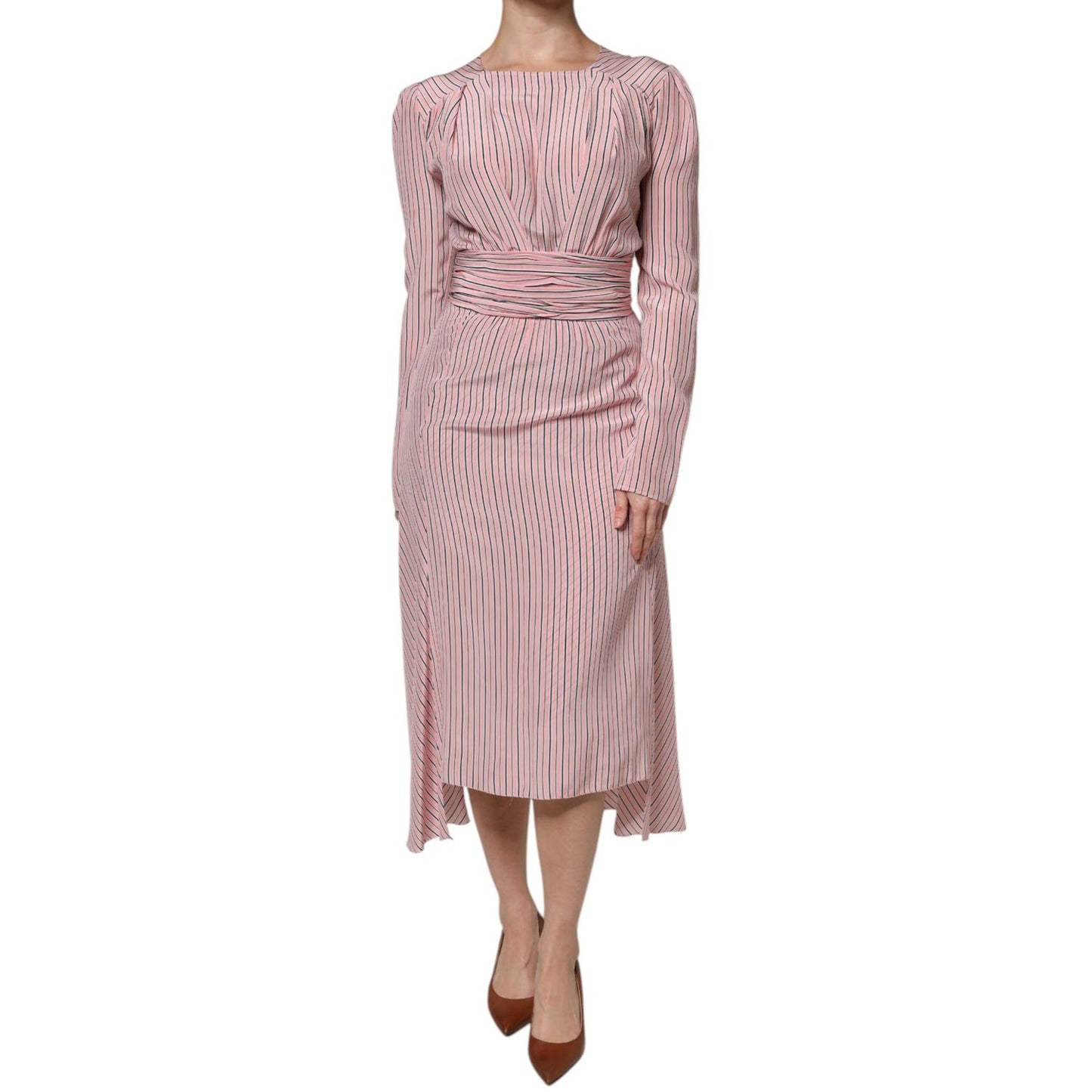 Ermanno Scervino Pink Stripes Silk Long Sleeves Midi Dress DR281400-42