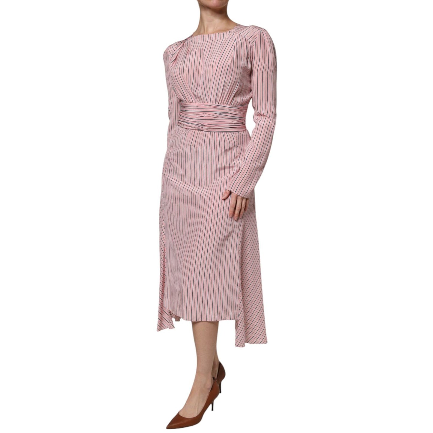 Ermanno Scervino Pink Stripes Silk Long Sleeves Midi Dress DR281400-42