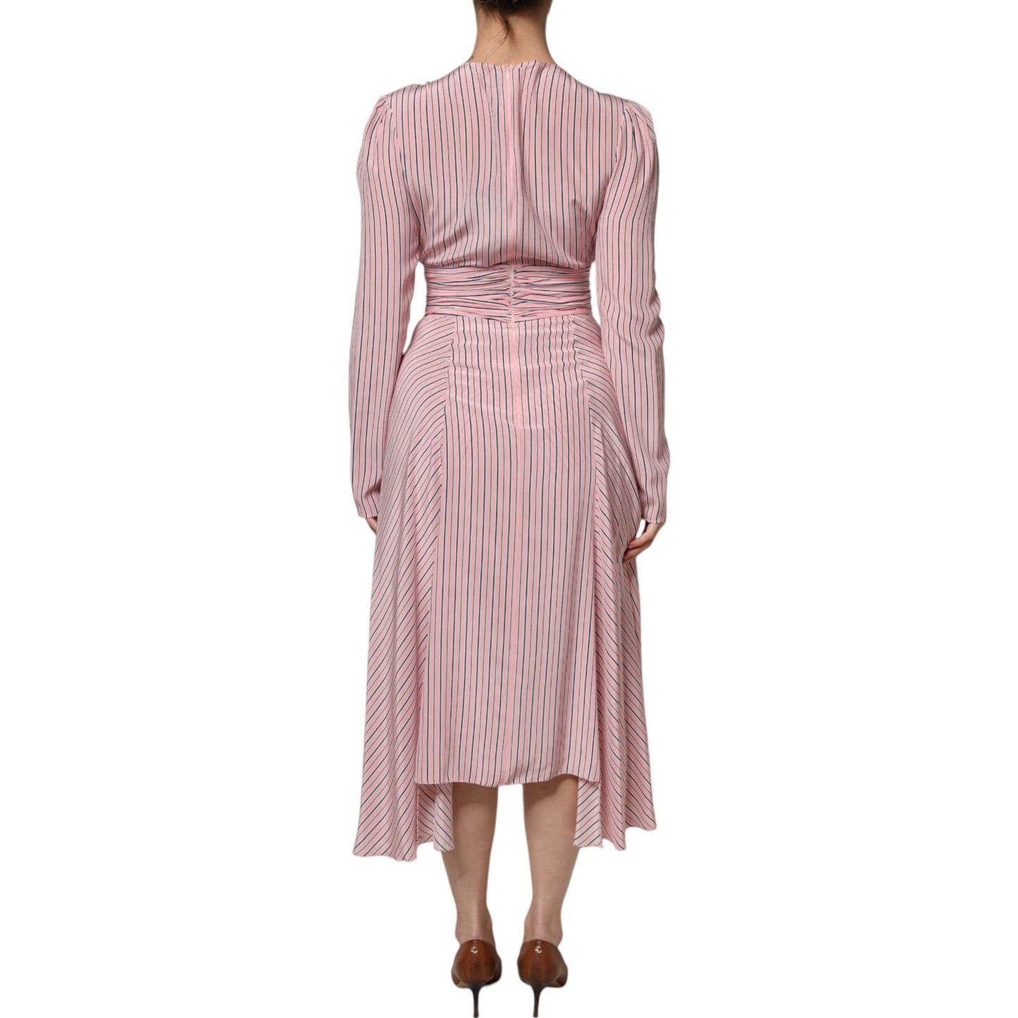 Ermanno Scervino Pink Stripes Silk Long Sleeves Midi Dress DR281400-42