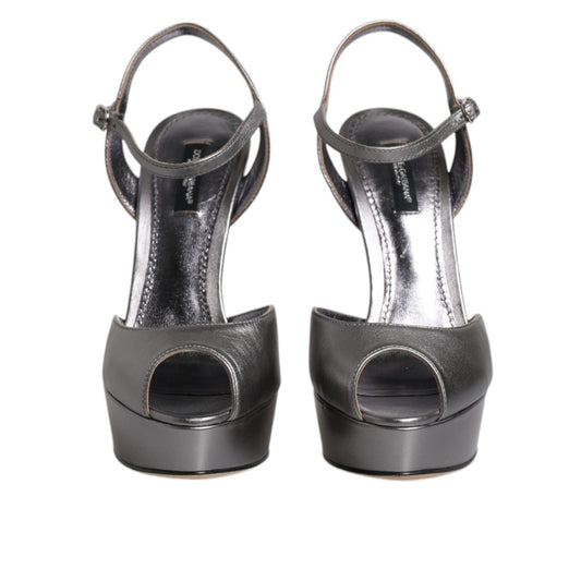 Dolce & Gabbana Silver Leather Platform Heels Sandals Shoes LA12204-38