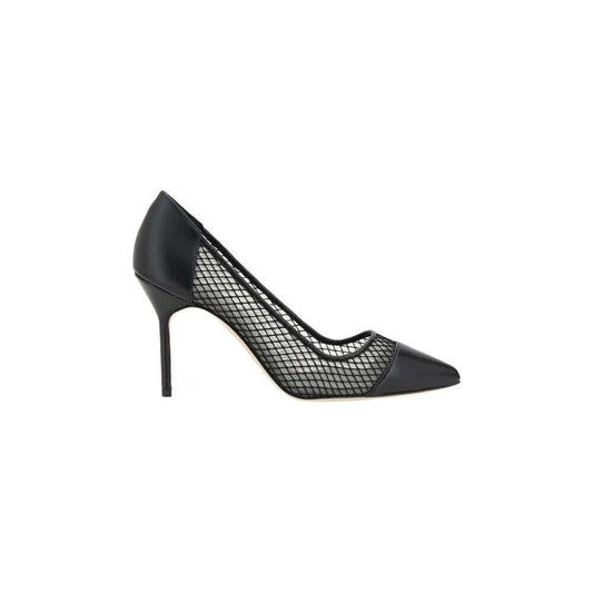 Manolo Blahnik Capcour Pump in black lambskin leather with mesh details and stiletto heel, showcasing elegance and modernity.